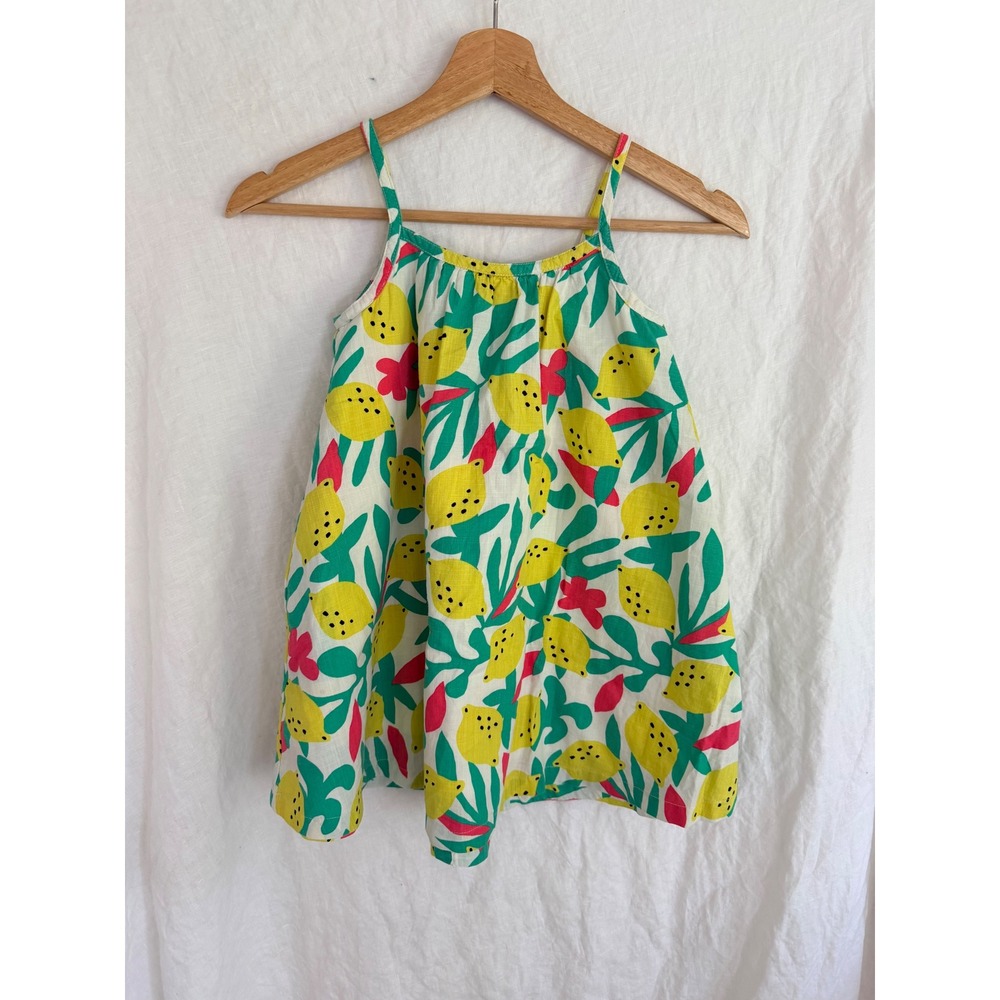 Hanna Andersson Sun Dress Kids White Yellow Lemon Print Button Back Size 5 110cm